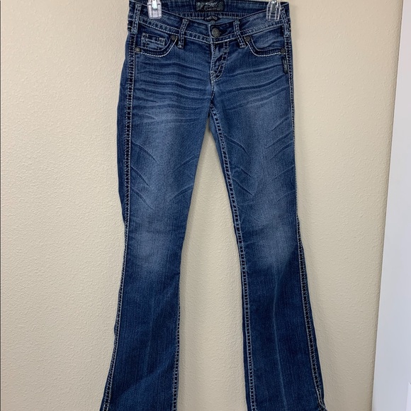 Dark Wash Silver bootcut Jeans w/ Jeweled Pockets - Picture 3 of 8
